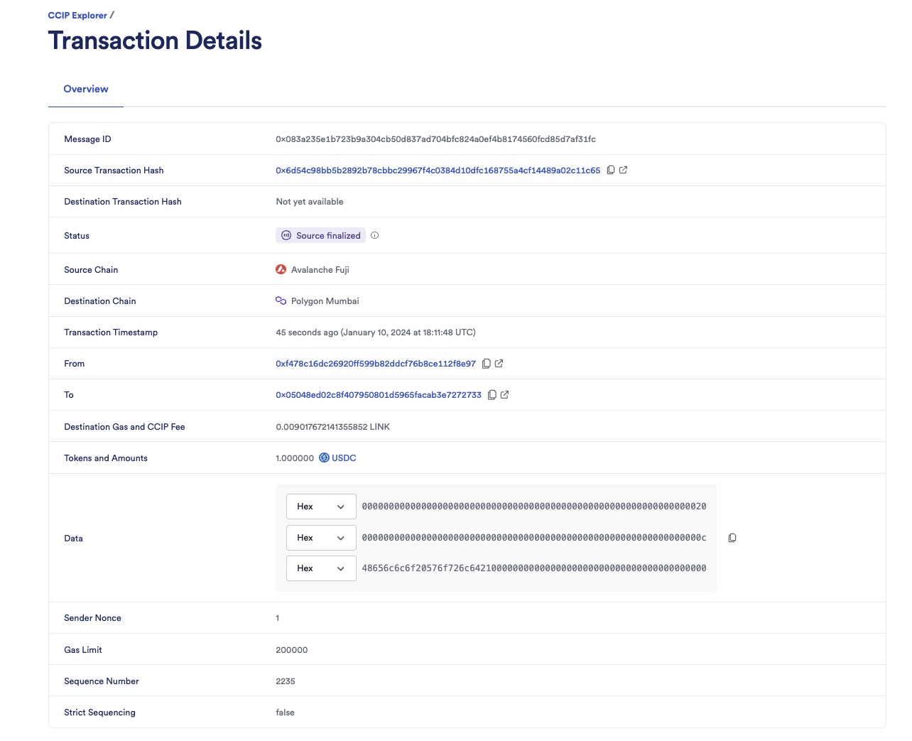 Chainlink CCIP Explorer transaction details